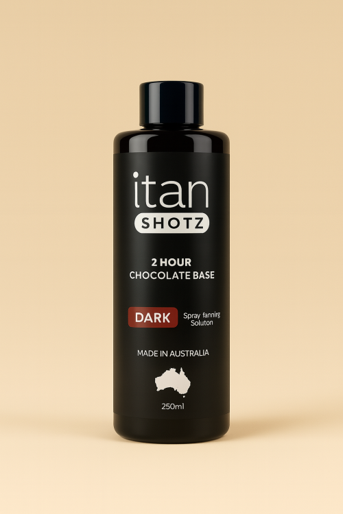 iTan Shotz Dark 15% DHA 2 Hour Chocolate Base spray tanning solution in a 250ml bottle,