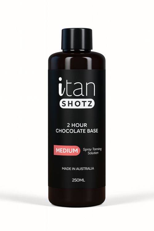 iTan Shotz Medium 2 Hour Chocolate Base spray tanning solution in a 250ml bottle,