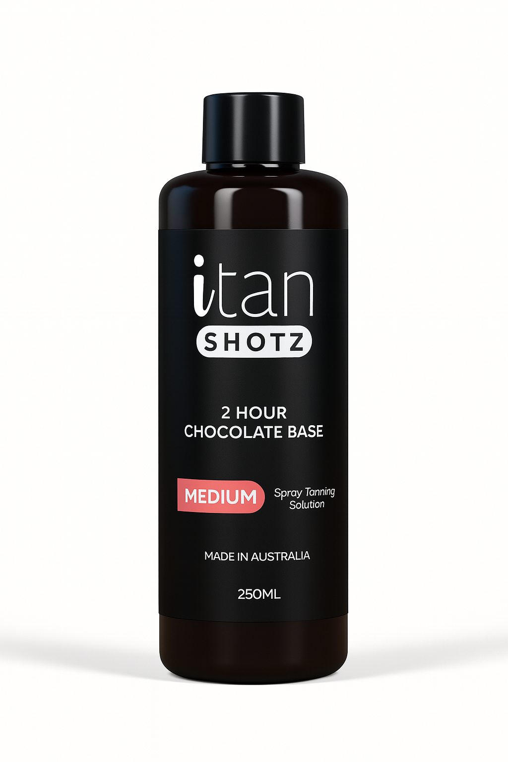 iTan Shotz Medium 2 Hour Chocolate Base spray tanning solution in a 250ml bottle,