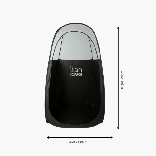 iTan Max Pop-Up Spray Tan Tent 3D render showing full height and width dimensions.