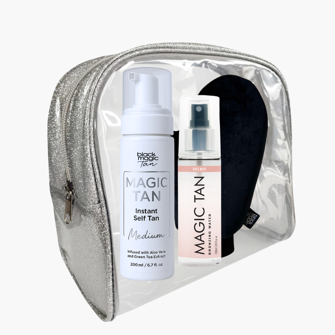 Magic Tan Medium Self Tan Kit with medium mousse, tanning glove, face bronzing water and cosmetic bag