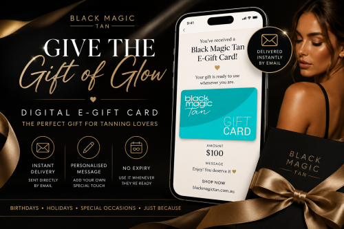 Black Magic Tan digital e-gift card delivered instantly by email, displayed on a smartphone with glowing spray tan model