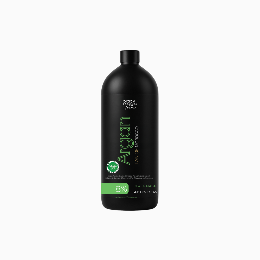 Argan Tan Green Base 8% classic 8 hour tanning solution in a 1 litre bottle.