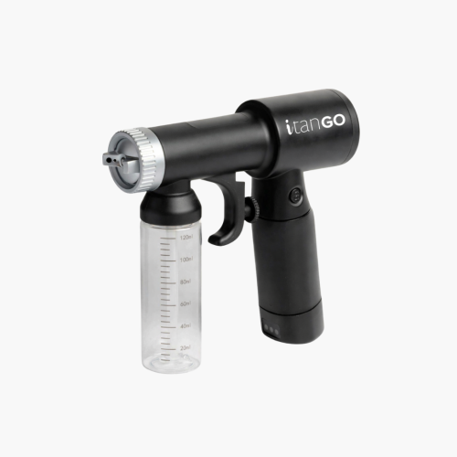 iTan GO portable cordless spray tan gun with refillable solution cup on white background